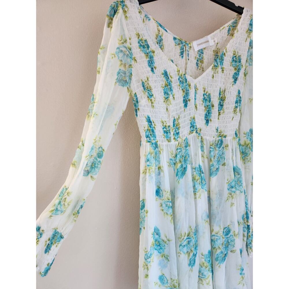 Zimmermann Smocked Silk Floral Mini Dress Size 0 (US 4) Long Sleeve FC411 - Picture 3 of 13